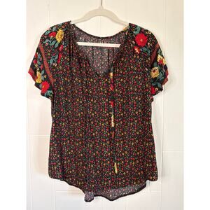 Floral blouse black red yellow flowy boho medium